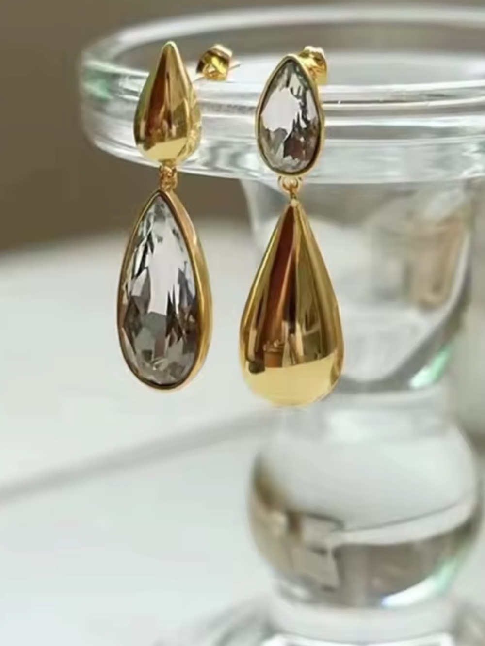 Gold & Crystal Teardrop Statement Earrings – Asymmetrical Drop Earrings - Picture 6 of 11